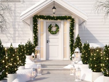süslenmiş Noel sundurma küçük ağaçlar ve fenerler. 3D render