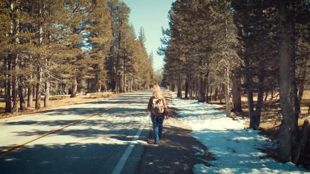 Kobieta spaceru sam na ulicy w szczerym polu. koncepcja Wanderlust — Wideo stockowe