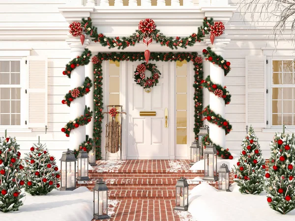 Vánoční zdobené verandy s malými stromy a lucerny. 3D vykreslování — Stock fotografie