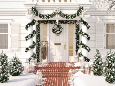 süslenmiş Noel sundurma küçük ağaçlar ve fenerler. 3D render