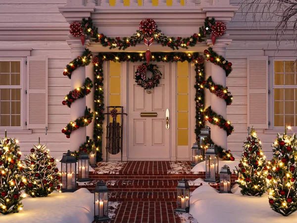 Porche decorado de Navidad con pequeños árboles y linternas. renderizado 3d — Foto de Stock