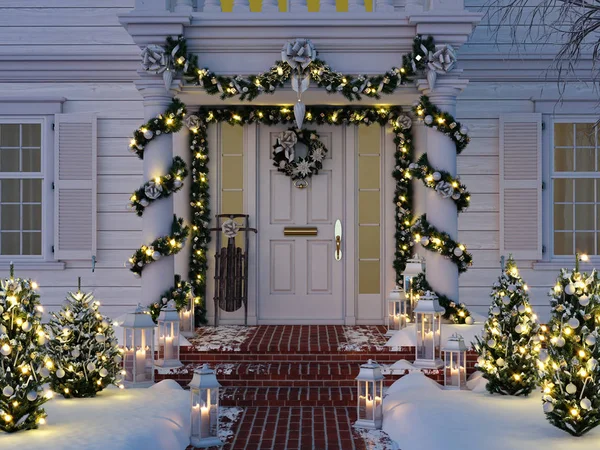 Porche decorado de Navidad con pequeños árboles y linternas. renderizado 3d — Foto de Stock