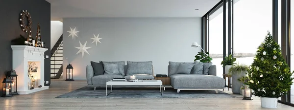 3D-Darstellung. Haus mit Kamin in moderner Wohnung. Weihnachtsdekoration. — Stockfoto