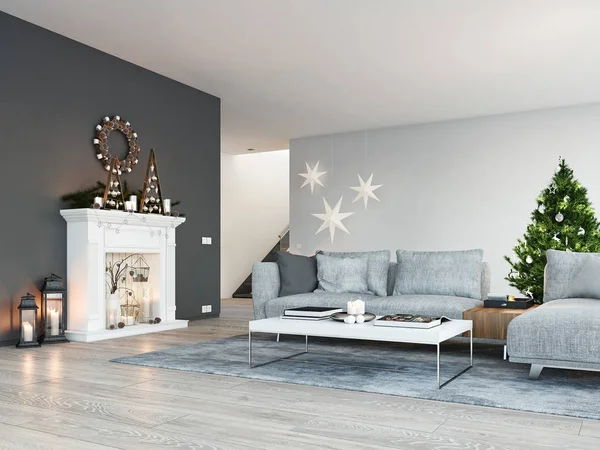 3D render. modern daire içinde şömineli ev. Noel dekorasyon. — Stok fotoğraf