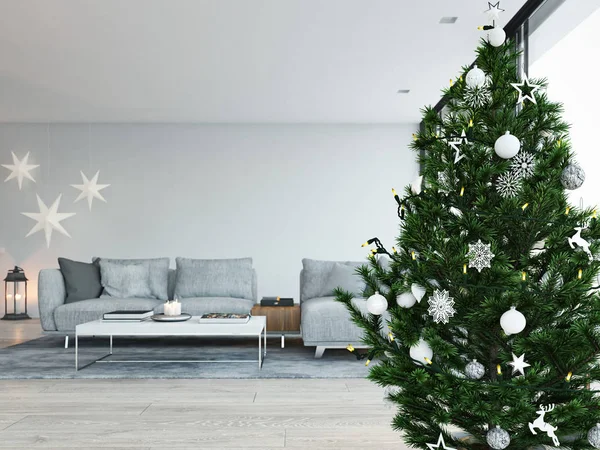 3D-Darstellung. Haus mit Weihnachtsbaum in moderner Wohnung. Weihnachtsdekoration. — Stockfoto