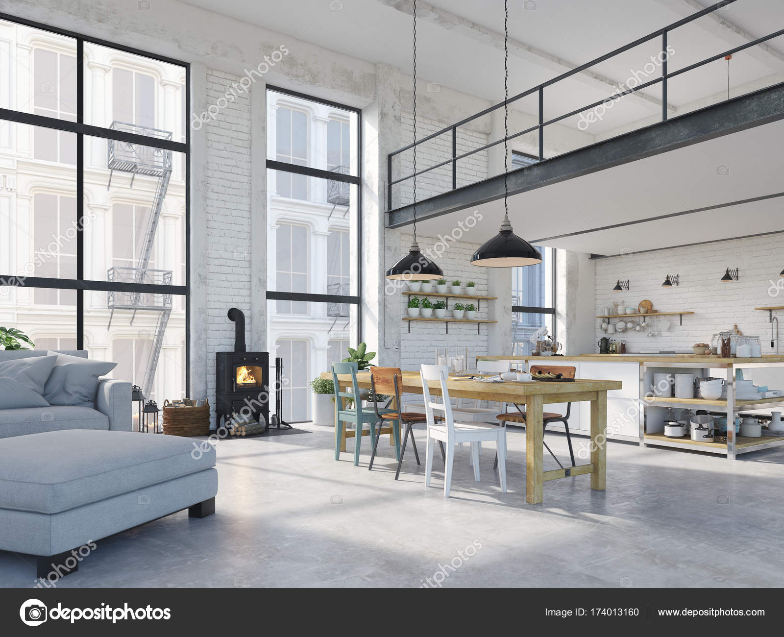 Moderne Loft-Wohnung. 3D-Darstellung - Stockfotografie: lizenzfreie