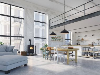 Modern loft daire. 3D render