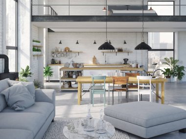 Modern loft daire. 3D render