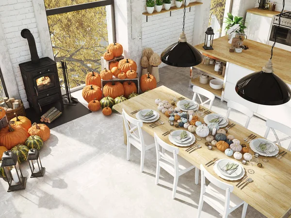 Ovanifrån nordiska kök i en lägenhet. 3D-rendering. Thanksgiving koncept. — Stockfoto