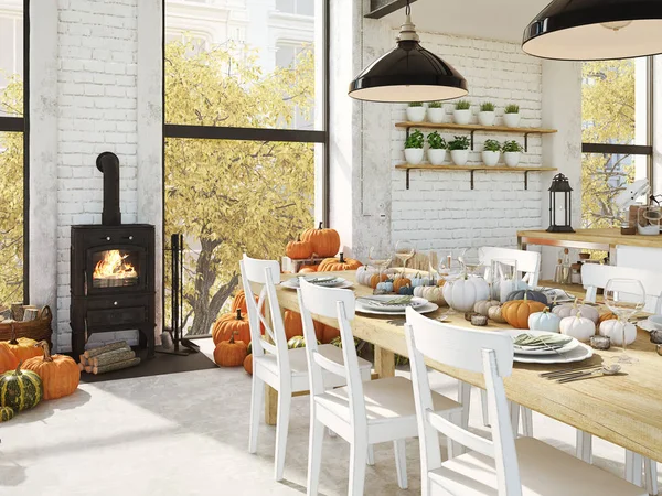Nordiska köket i en lägenhet. 3D-rendering. Thanksgiving koncept. — Stockfoto
