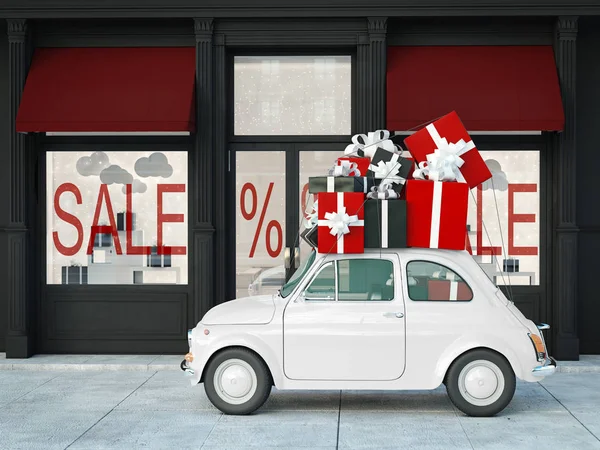 Driving with black and red gifts during black friday. 3d rendering — Stock Photo, Image