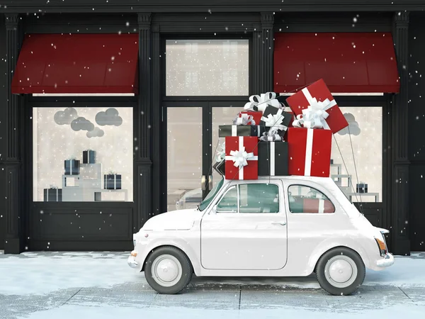 Autofahren mit schwarz-roten Geschenken am Schwarzen Freitag. 3D-Darstellung — Stockfoto