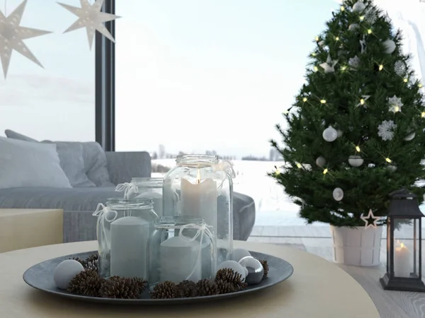 3D rendering. σπίτι με christmastree σε μοντέρνο διαμέρισμα. 1. έλευση. — Φωτογραφία Αρχείου