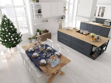 Nordic mutfak Noel dekorasyonu ile. 3D render