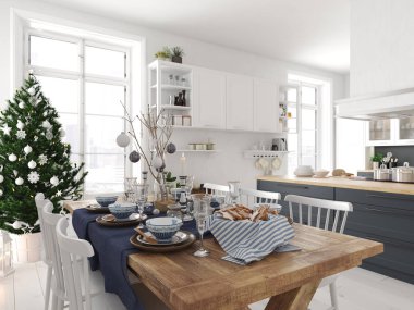 Nordic mutfak Noel dekorasyonu ile. 3D render