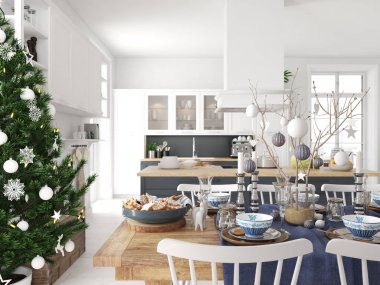Nordic mutfak Noel dekorasyonu ile. 3D render