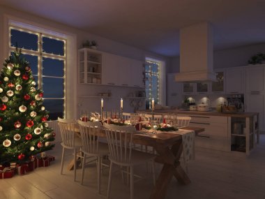 Nordic mutfak gece Noel dekorasyonu ile. 3D render