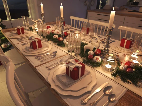 Cozinha nórdica com decoração de Natal à noite. Renderização 3d — Fotografia de Stock