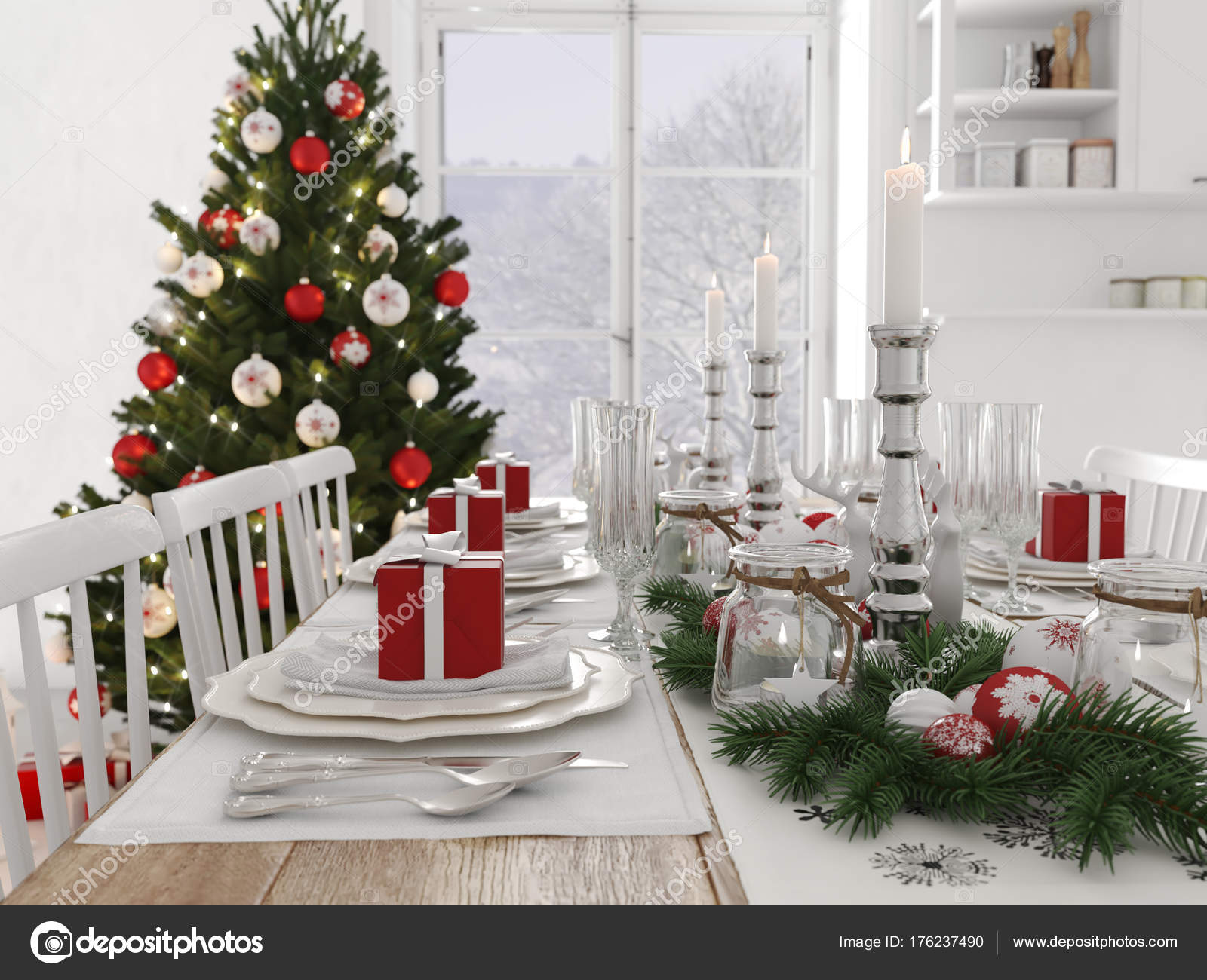 Nordische Küche Mit Weihnachtsdekoration Bei Tag 3d