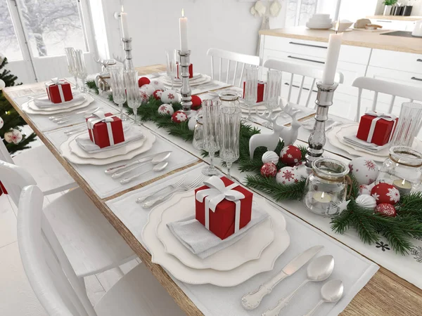 Severská kuchyně s vánoční výzdobou ve dne. 3D vykreslování — Stock fotografie