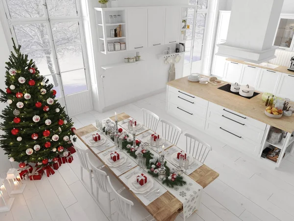Σκανδιναβική κουζίνα με Χριστουγεννιάτικη διακόσμηση από την ημέρα. 3D rendering — Φωτογραφία Αρχείου