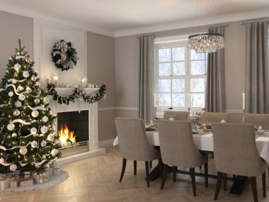 güne göre Noel dekorasyonu ile lüks yemek odası. 3D render