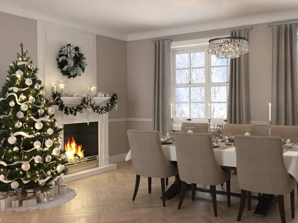 Luxury dining room with christmas decoration by day. 3d rendering — Stock Photo, Image