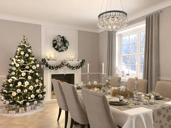 Sala de jantar de luxo com decoração de Natal por dia. Renderização 3d — Fotografia de Stock