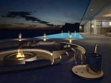 havuzlu villa şampanya ile 3D render. Yeni yıl arifesinde