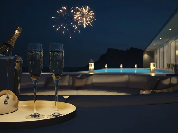 3d rendering of pool villa with fireworks and champagne. new years eve — Stock Photo, Image