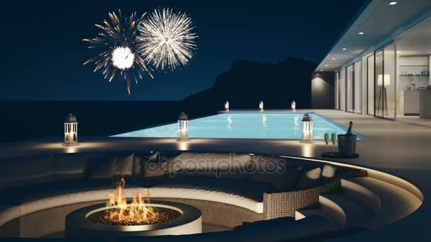 Havuzlu villa havai fişek ve şampanya ile 3D render. Yeni yıl arifesinde — Stok video