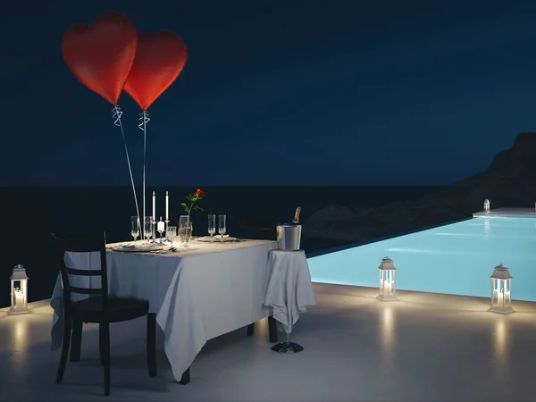 3D-Rendering von Pool-Villa mit Champagner. Silvester — Stockfoto