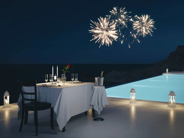 Rendering 3d di villa con piscina e champagne. Capodanno — Foto Stock