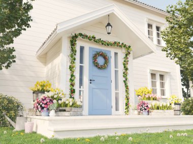 Bahar sundurma bir sürü çiçek ile dekore edilmiştir. 3D render