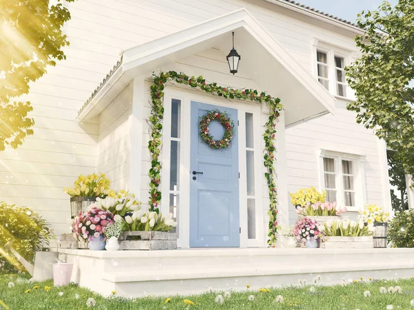 Våren inredda veranda med en massa blommor. 3D-rendering — Stockfoto