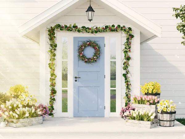 Printemps décoré porche avec beaucoup de fleurs. Rendu 3d — Photo