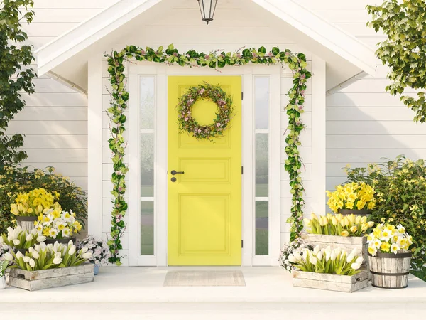 Varanda decorada primavera com um monte de flores. Renderização 3d — Fotografia de Stock