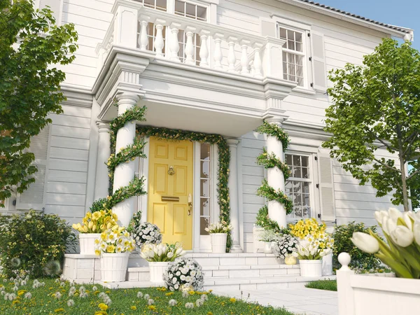 Våren inredda veranda med en massa blommor. 3D-rendering — Stockfoto