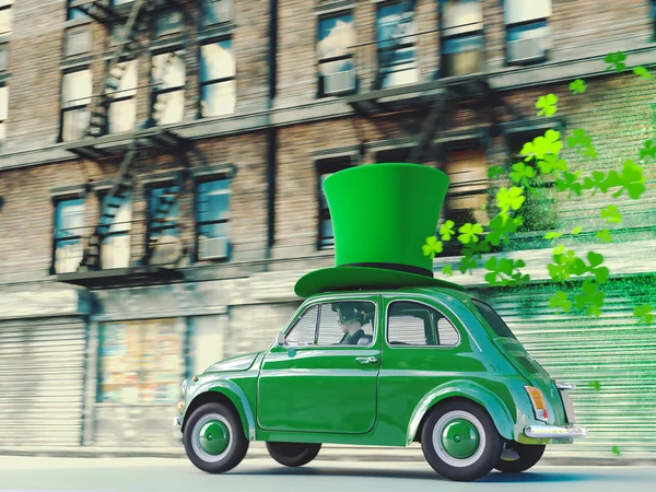 St. Patrick día coche conduciendo con tréboles voladores. renderizado 3d — Foto de Stock