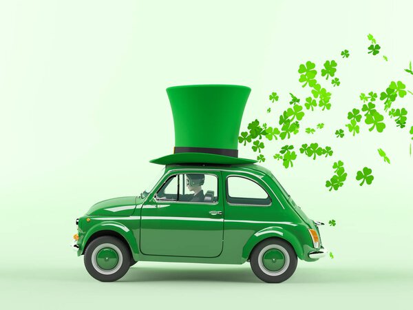 St. patricks day car driving with flying shamrocks. 3d-рендеринг
