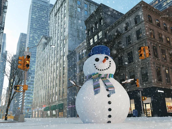 Schneesturm in New York City. Schneemann bauen. 3D-Darstellung — Stockfoto