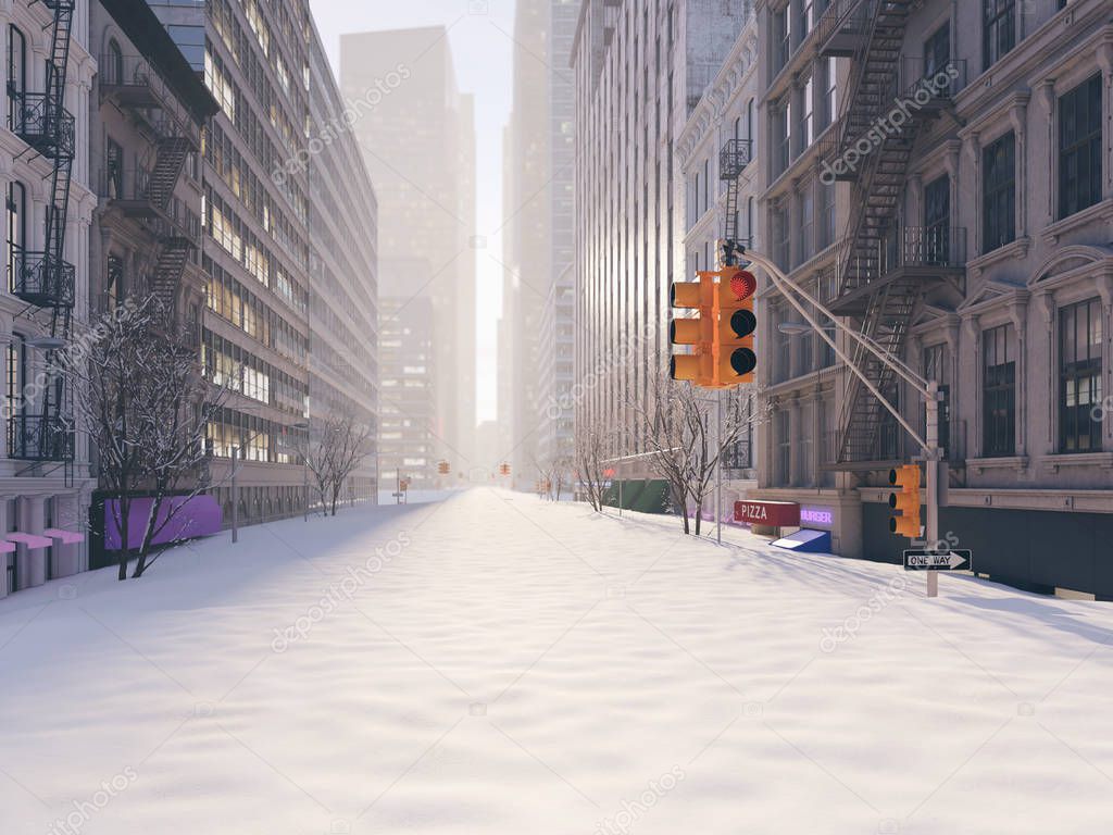 blizzard in new york city. 3d rendering