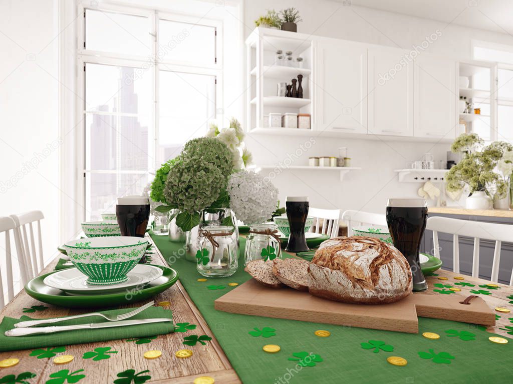 Table setting for St Patricks Day. holiday concept. 3d rendering