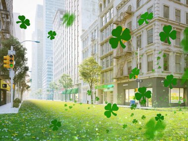 st. patricks day city with flying shamrocks. 3d rendering clipart