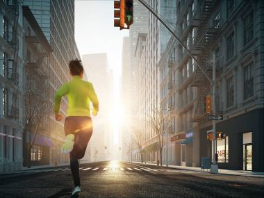 genç kadın yalnız şehir sokaklarında koşu. 3D render