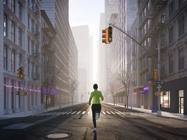 Mujer joven corriendo sola en las calles de la ciudad. renderizado 3d —  Fotos de Stock