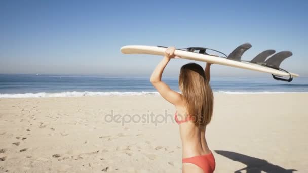 Mujer joven llevando una tabla de surf en la playa . — Vídeos de Stock