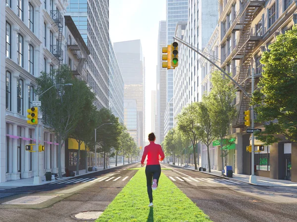 Joven mujer corriendo sola en las calles de la ciudad en una franja verde. renderizado 3d — Foto de Stock