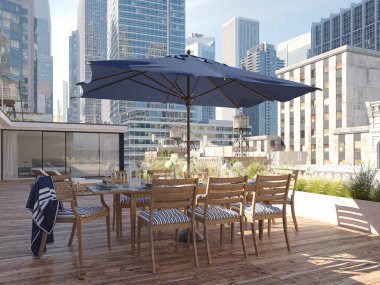 çatı Teras büyük bir şehirde. 3D render