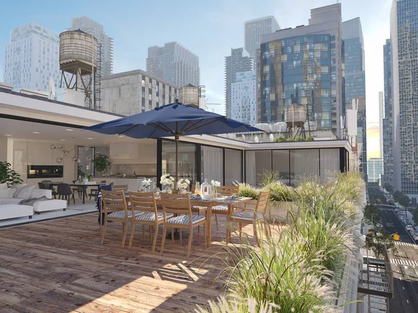 Terraço cobertura em uma cidade grande. Renderização 3d — Fotografia de Stock